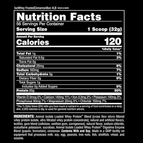 Universal Nutrition Frosted Cinnamon Bun Animal Whey Isolate Protein Powder - 25g Protein, Pre & Post Workout, Digestive Enzymes - Men & Women - 4 lbs
