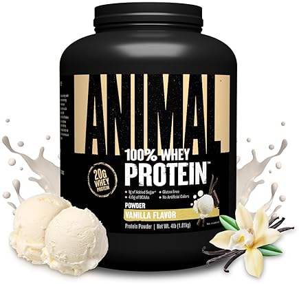 Universal Nutrition Vanilla Animal Whey Protein Powder - 100% Whey Blend for Pre/Post Workout, Recovery, Low Sugar Meal Replacement with BCAAs - 4 lb