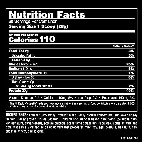 Universal Nutrition Vanilla Animal Whey Protein Powder - 100% Whey Blend for Pre/Post Workout, Recovery, Low Sugar Meal Replacement with BCAAs - 4 lb