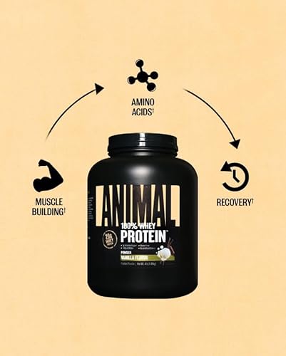 Universal Nutrition Vanilla Animal Whey Protein Powder - 100% Whey Blend for Pre/Post Workout, Recovery, Low Sugar Meal Replacement with BCAAs - 4 lb
