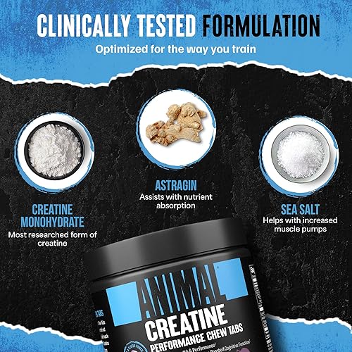 Universal Nutrition Enhanced Animal Creatine Chews Tablets - Grape Flavor, with AstraGin & Sea Salt for Absorption & Pump, Chewable & Convenient'
