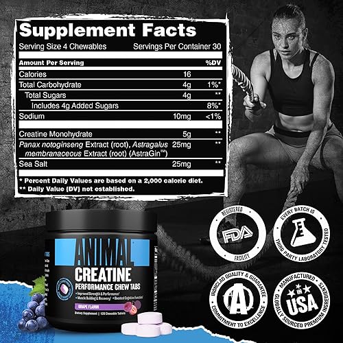 Universal Nutrition Enhanced Animal Creatine Chews Tablets - Grape Flavor, with AstraGin & Sea Salt for Absorption & Pump, Chewable & Convenient'
