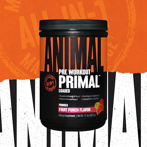 Universal Nutrition Primal Animal Muscle Hydration Preworkout Powder - Energy Boost with Beta Alanine, 3DPump, Caffeine & Electrolytes - Fruit Punch Flavor