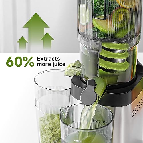 AMZCHEF Cold Press Juicer - Large Feed Chute, Stainless Steel Masticating Juicer, Easy to Clean - Silver