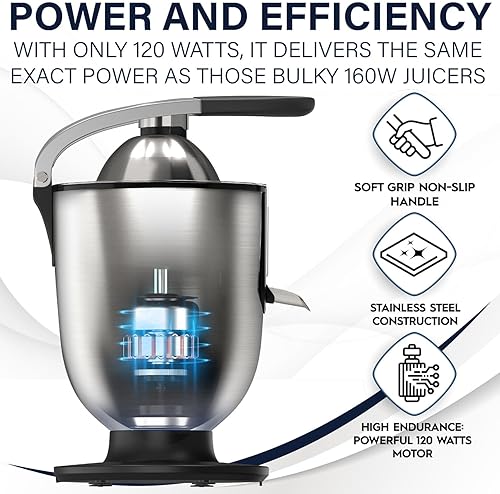 Eurolux Premium Electric Orange Juicer | Stainless Steel Citrus Squeezer with Powerful Motor and Easy Juicing Handle