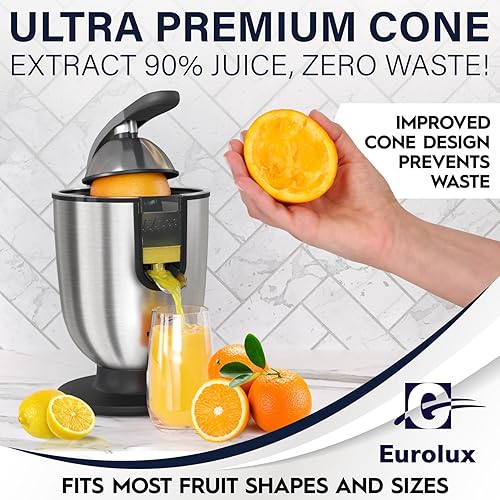 Eurolux Premium Electric Orange Juicer | Stainless Steel Citrus Squeezer with Powerful Motor and Easy Juicing Handle