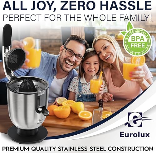 Eurolux Premium Electric Orange Juicer | Stainless Steel Citrus Squeezer with Powerful Motor and Easy Juicing Handle