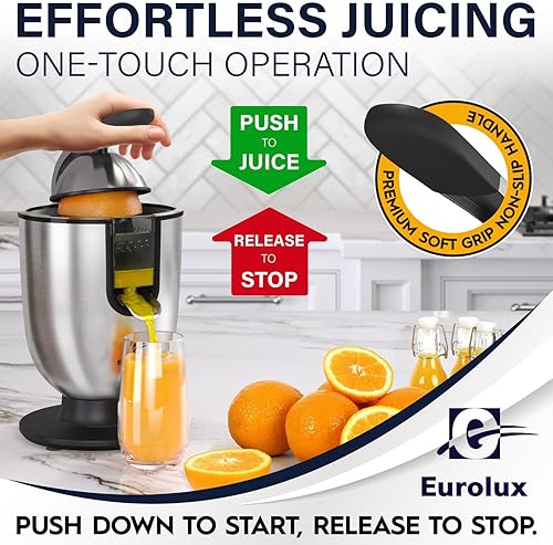 Eurolux Premium Electric Orange Juicer | Stainless Steel Citrus Squeezer with Powerful Motor and Easy Juicing Handle