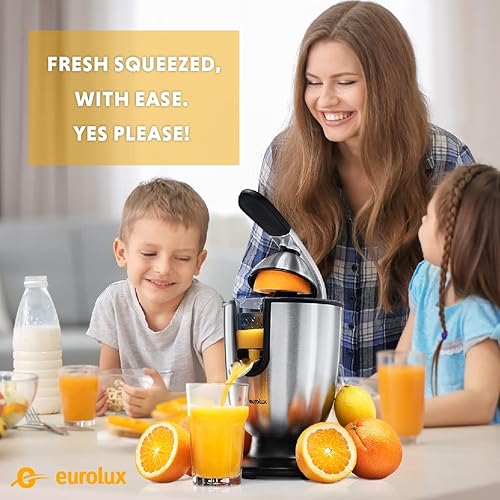 Eurolux Premium Electric Orange Juicer | Stainless Steel Citrus Squeezer with Powerful Motor and Easy Juicing Handle