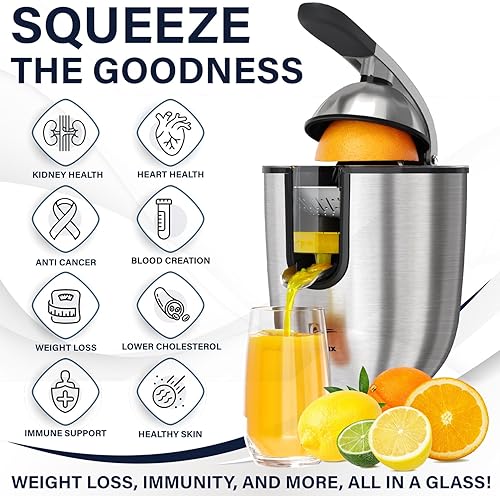 Eurolux Premium Electric Orange Juicer | Stainless Steel Citrus Squeezer with Powerful Motor and Easy Juicing Handle