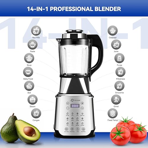 Stainless Steel Blender with Heating, 26000-60000RPM High Speed, 1200W Glass Jar, 14 Functions - Ideal for Kitchen