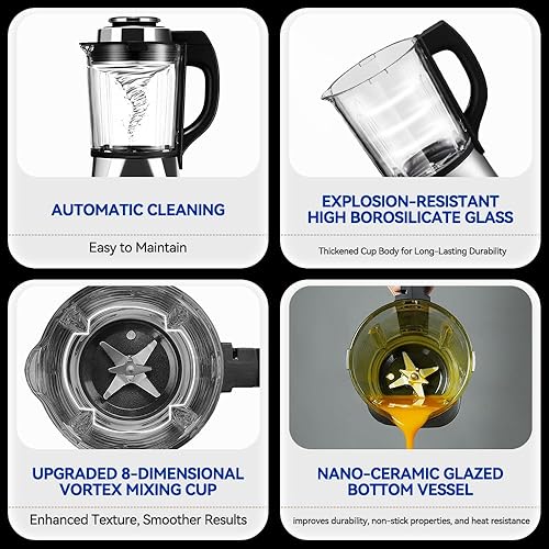 Stainless Steel Blender with Heating, 26000-60000RPM High Speed, 1200W Glass Jar, 14 Functions - Ideal for Kitchen