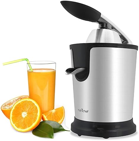 NutriChef Stainless Steel Electric Citrus Juicer - 160W Motor, Manual Press Handle, Adjustable Pulp Filter - Dishwasher Safe