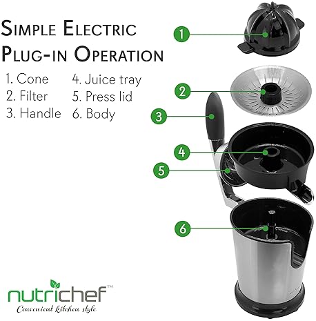 NutriChef Stainless Steel Electric Citrus Juicer - 160W Motor, Manual Press Handle, Adjustable Pulp Filter - Dishwasher Safe