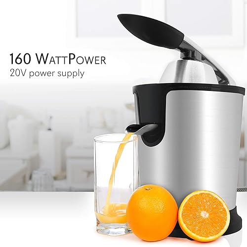 NutriChef Stainless Steel Electric Citrus Juicer - 160W Motor, Manual Press Handle, Adjustable Pulp Filter - Dishwasher Safe