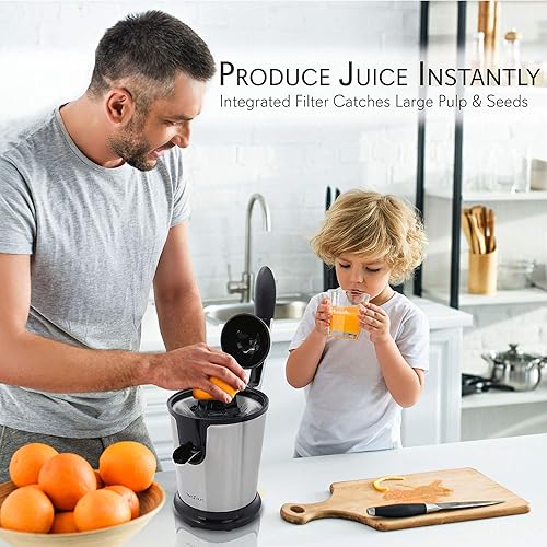NutriChef Stainless Steel Electric Citrus Juicer - 160W Motor, Manual Press Handle, Adjustable Pulp Filter - Dishwasher Safe