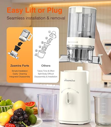Zasmira Cold Press Juicer with Large Feeding Chute - Powerful Slow Juicer, Easy to Clean (White)