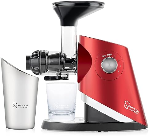 Sana 727 Supreme Cold Press Masticating Juicer | Large Batch | Non-Stop Juicing | 4 Speed Motor | Easy to Clean | Recipe Book | 15-Year Warranty | Red