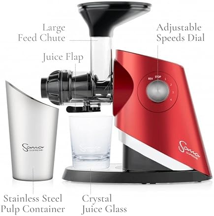 Sana 727 Supreme Cold Press Masticating Juicer | Large Batch | Non-Stop Juicing | 4 Speed Motor | Easy to Clean | Recipe Book | 15-Year Warranty | Red