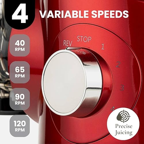 Sana 727 Supreme Cold Press Masticating Juicer | Large Batch | Non-Stop Juicing | 4 Speed Motor | Easy to Clean | Recipe Book | 15-Year Warranty | Red