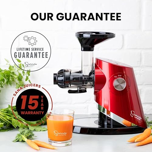 Sana 727 Supreme Cold Press Masticating Juicer | Large Batch | Non-Stop Juicing | 4 Speed Motor | Easy to Clean | Recipe Book | 15-Year Warranty | Red