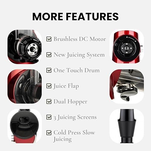 Sana 727 Supreme Cold Press Masticating Juicer | Large Batch | Non-Stop Juicing | 4 Speed Motor | Easy to Clean | Recipe Book | 15-Year Warranty | Red