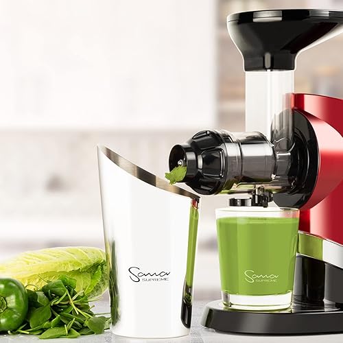 Sana 727 Supreme Cold Press Masticating Juicer | Large Batch | Non-Stop Juicing | 4 Speed Motor | Easy to Clean | Recipe Book | 15-Year Warranty | Red