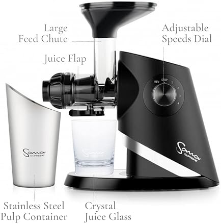 Sana 727 Cold Press Masticating Juicer | Large Batch | Non-Stop Juicing | 4 Speed Motor | Easy Clean | Recipe Book | 15-Year Warranty | Black