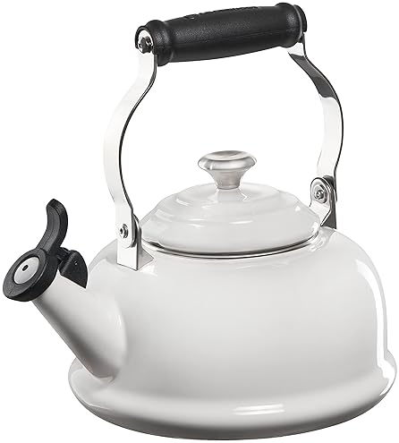 Le Creuset White Enamel Steel Tea Kettle, 1.7 qt., Whistling with Metal Accents