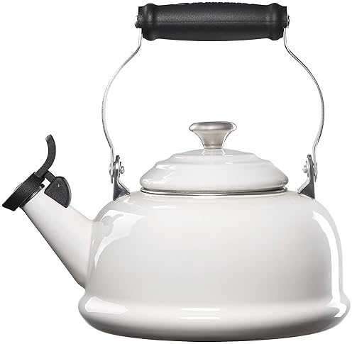 Le Creuset White Enamel Steel Tea Kettle, 1.7 qt., Whistling with Metal Accents