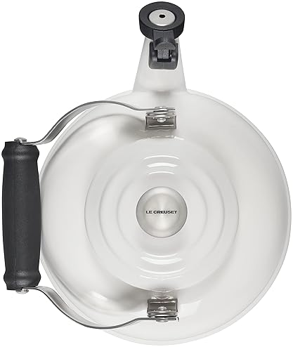Le Creuset White Enamel Steel Tea Kettle, 1.7 qt., Whistling with Metal Accents