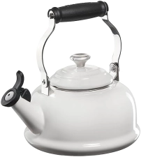 Le Creuset White Enamel Steel Tea Kettle, 1.7 qt., Whistling with Metal Accents