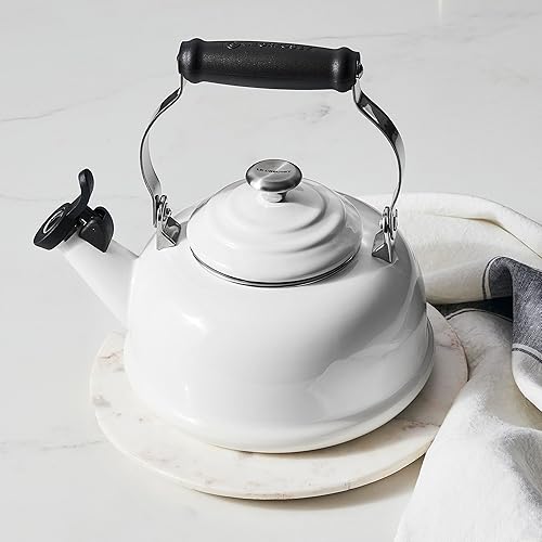 Le Creuset White Enamel Steel Tea Kettle, 1.7 qt., Whistling with Metal Accents