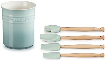 Le Creuset 5-Piece Silicone Craft Series Utensil Set with Stoneware Crock in Sea Salt