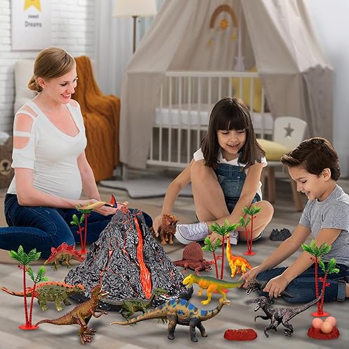 TOYSXYIN TOYS INTERACTIVE DINOSAUR VOLCANO SET WITH 9 REALISTIC FIGURES | AGES 2-10 | SIMULATED ERUPTIONS & SOUNDS
