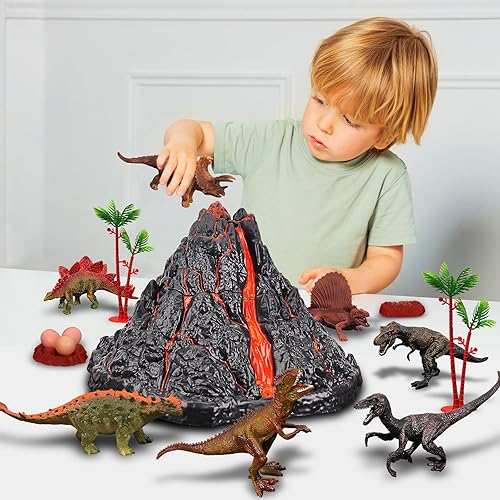 TOYSXYIN TOYS INTERACTIVE DINOSAUR VOLCANO SET WITH 9 REALISTIC FIGURES | AGES 2-10 | SIMULATED ERUPTIONS & SOUNDS