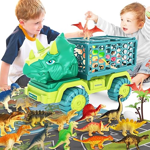 HONGID DINOSAUR TRUCK TOY SET WITH TRICERATOPS CAR, 15 FIGURES, PLAY MAT, EGGS - PERFECT GIFT FOR KIDS 3-5 - CHRISTMAS STOCKING STUFFER
