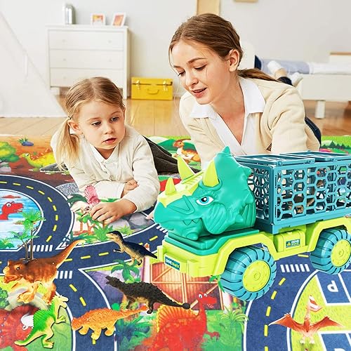 HONGID DINOSAUR TRUCK TOY SET WITH TRICERATOPS CAR, 15 FIGURES, PLAY MAT, EGGS - PERFECT GIFT FOR KIDS 3-5 - CHRISTMAS STOCKING STUFFER