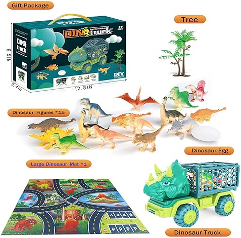 HONGID DINOSAUR TRUCK TOY SET WITH TRICERATOPS CAR, 15 FIGURES, PLAY MAT, EGGS - PERFECT GIFT FOR KIDS 3-5 - CHRISTMAS STOCKING STUFFER