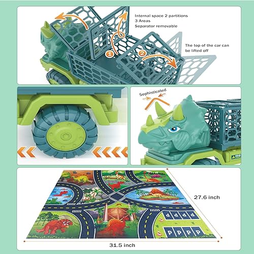 HONGID DINOSAUR TRUCK TOY SET WITH TRICERATOPS CAR, 15 FIGURES, PLAY MAT, EGGS - PERFECT GIFT FOR KIDS 3-5 - CHRISTMAS STOCKING STUFFER