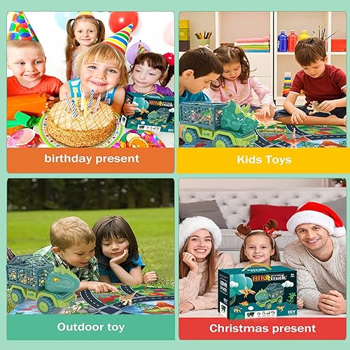 HONGID DINOSAUR TRUCK TOY SET WITH TRICERATOPS CAR, 15 FIGURES, PLAY MAT, EGGS - PERFECT GIFT FOR KIDS 3-5 - CHRISTMAS STOCKING STUFFER