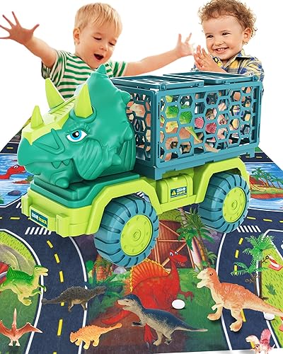 HONGID DINOSAUR TRUCK TOY SET WITH TRICERATOPS CAR, 15 FIGURES, PLAY MAT, EGGS - PERFECT GIFT FOR KIDS 3-5 - CHRISTMAS STOCKING STUFFER