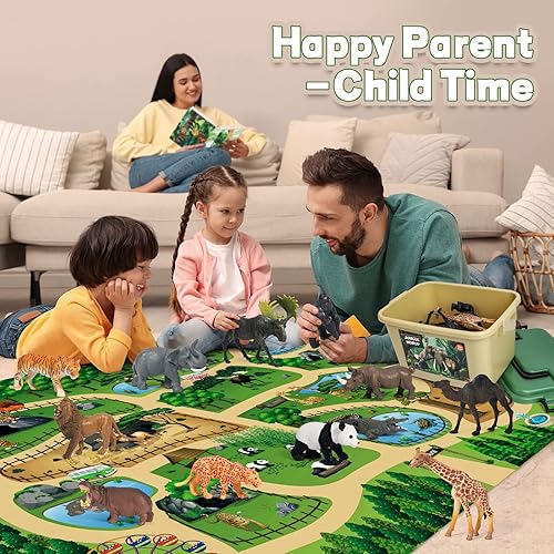 FRUSE Safari Animals Figures Toys Set with Jumbo Play Mat - Educational Jungle Wild Zoo Animals Playset for Toddlers