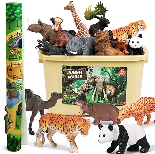 FRUSE Safari Animals Figures Toy Set with Jumbo Play Mat - 12 Realistic Jungle Wild Zoo Animals - Educational Learning Toys for Toddlers