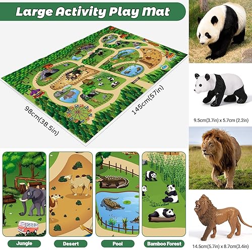 FRUSE Safari Animals Figures Toy Set with Jumbo Play Mat - 12 Realistic Jungle Wild Zoo Animals - Educational Learning Toys for Toddlers