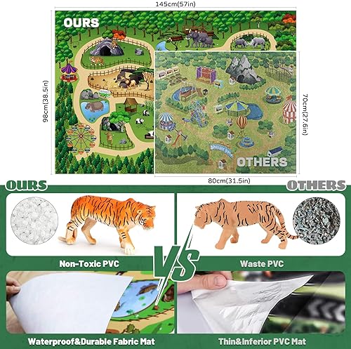 FRUSE Safari Animals Figures Toy Set with Jumbo Play Mat - 12 Realistic Jungle Wild Zoo Animals - Educational Learning Toys for Toddlers
