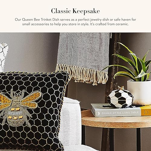 MACKENZIE-CHILDS Queen Bee Ceramic Trinket Dish with Lid, Bedroom/Bathroom Organizer, Black-and-White