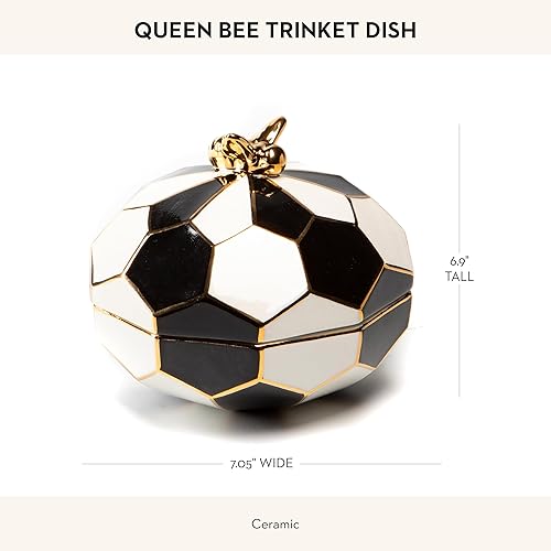 MACKENZIE-CHILDS Queen Bee Ceramic Trinket Dish with Lid, Bedroom/Bathroom Organizer, Black-and-White