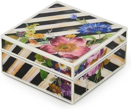 MACKENZIE-CHILDS Silver-Plated Trinket Box - Small Storage for Jewelry, Keepsakes, Rings - Courtly Stripe with Flower Market Design