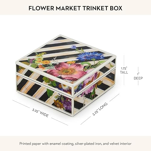 MACKENZIE-CHILDS Silver-Plated Trinket Box - Small Storage for Jewelry, Keepsakes, Rings - Courtly Stripe with Flower Market Design